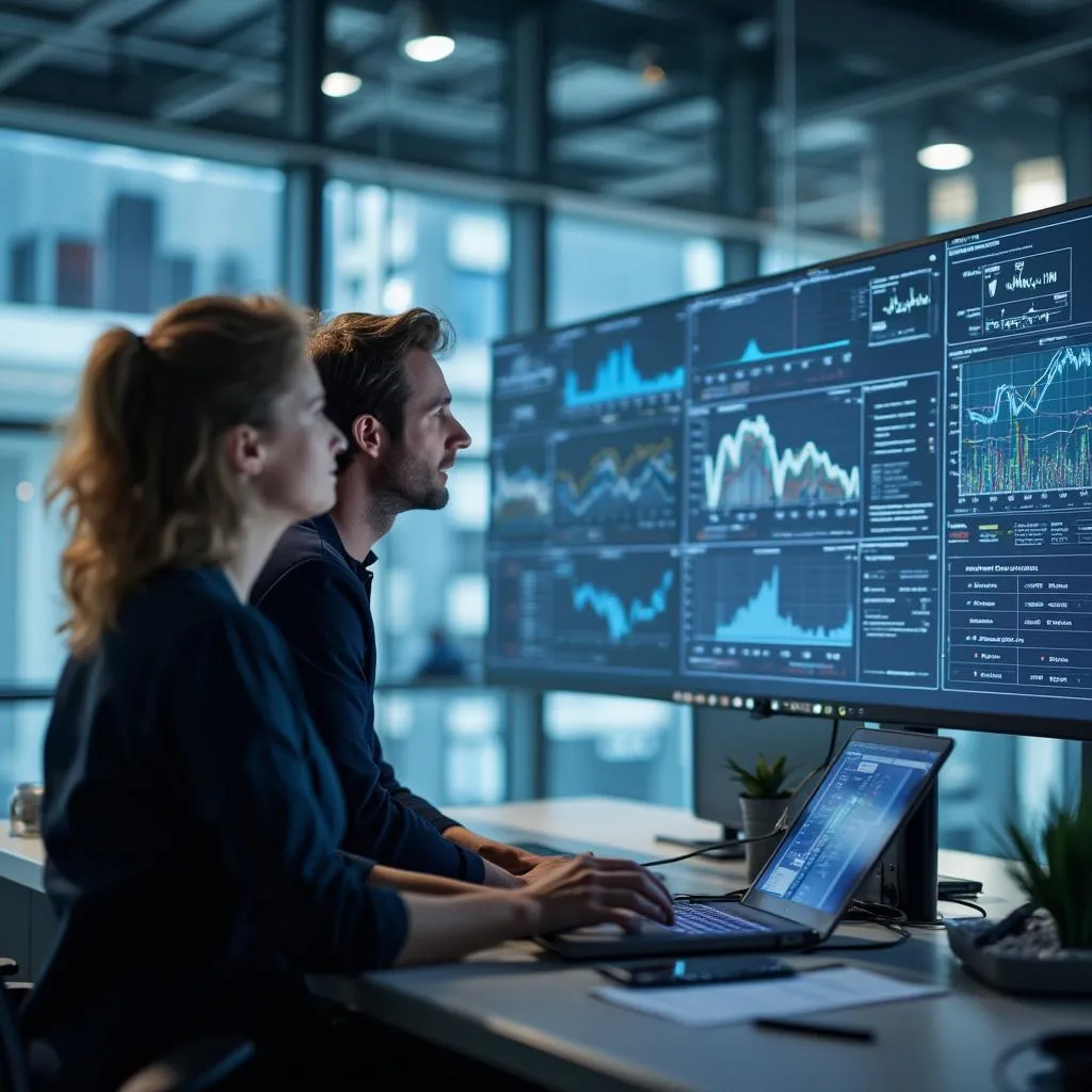 Consultores analizando datos en pantalla grande
