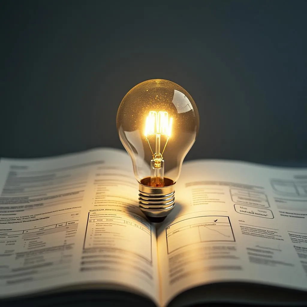 Bombilla de ideas encendiéndose sobre un plan de negocios