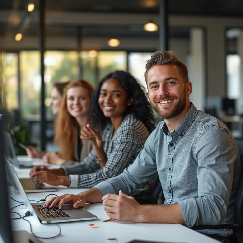 Equipo de consultores motivado y colaborando